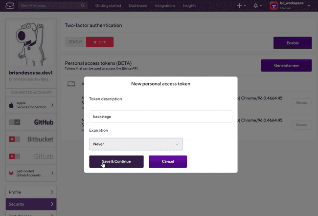 Create Bitrise personal token