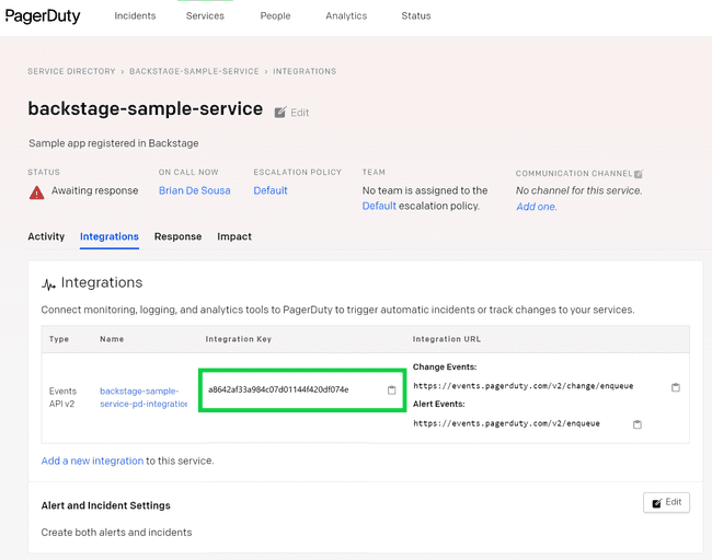 PagerDuty service integrations tab